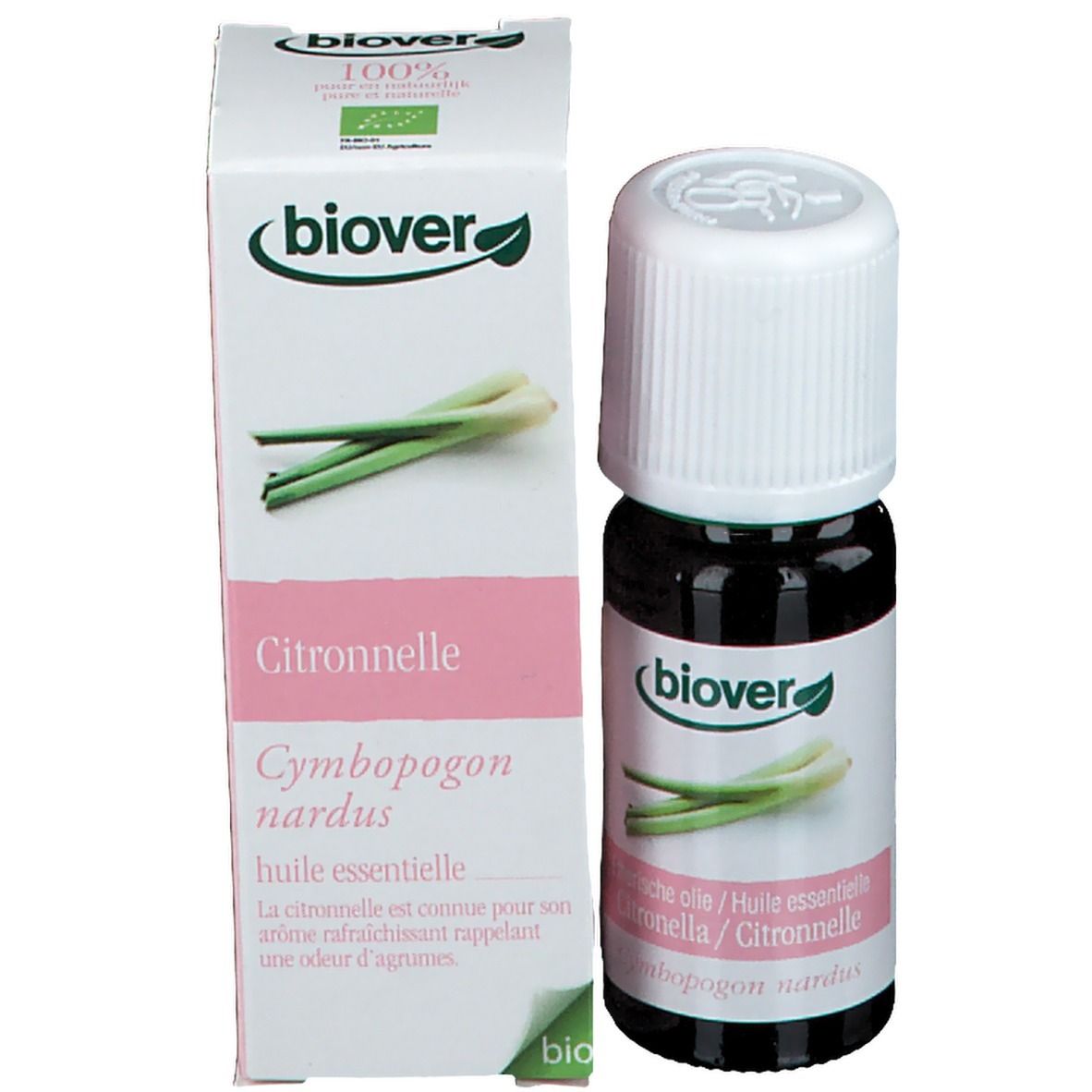 Productfles en verpakking. Bruine glazen fles met witte dop naast een witte doos. Merk Biover.