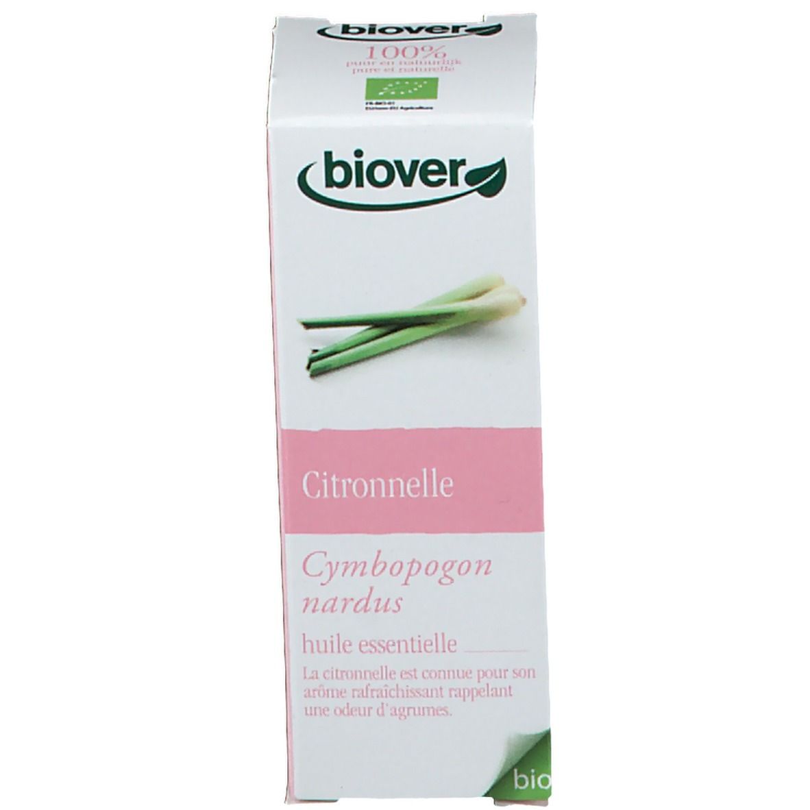 Witte doos met productinformatie en bio-label. Merk Biover. Illustratie van citroengras.