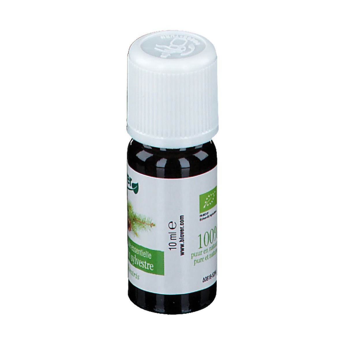 Flacon en verre brun avec bouchon blanc. Étiquette verte avec 10 ml. Certification bio. Nom du produit : Grove den / Pin sylvestris.