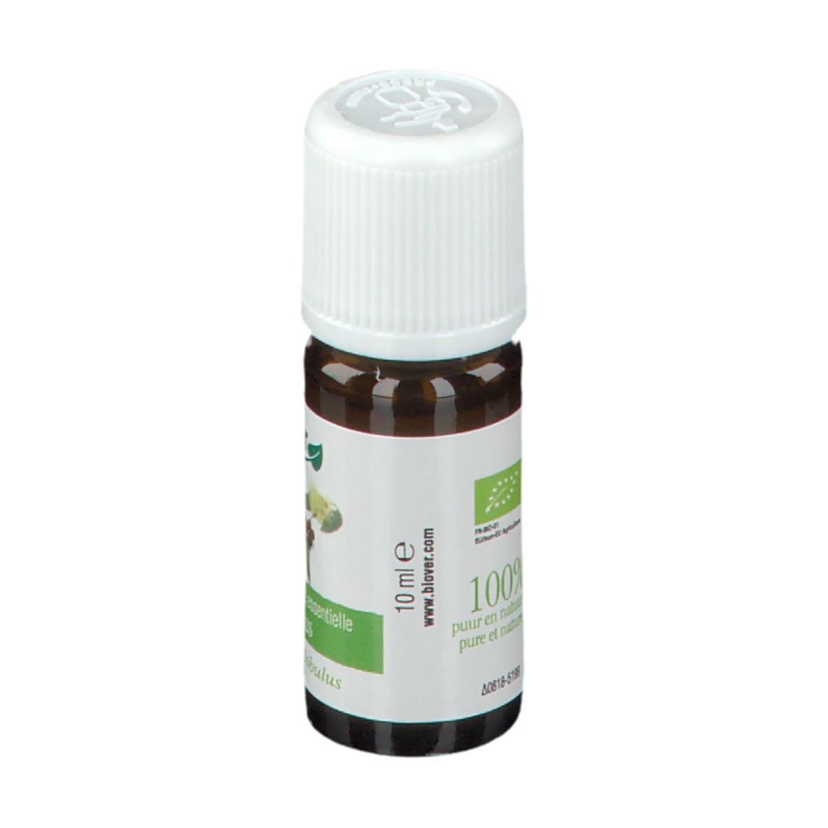 Flacon en verre brun avec bouchon blanc. Étiquette avec nom et logo du produit. 10 ml. Certification bio.