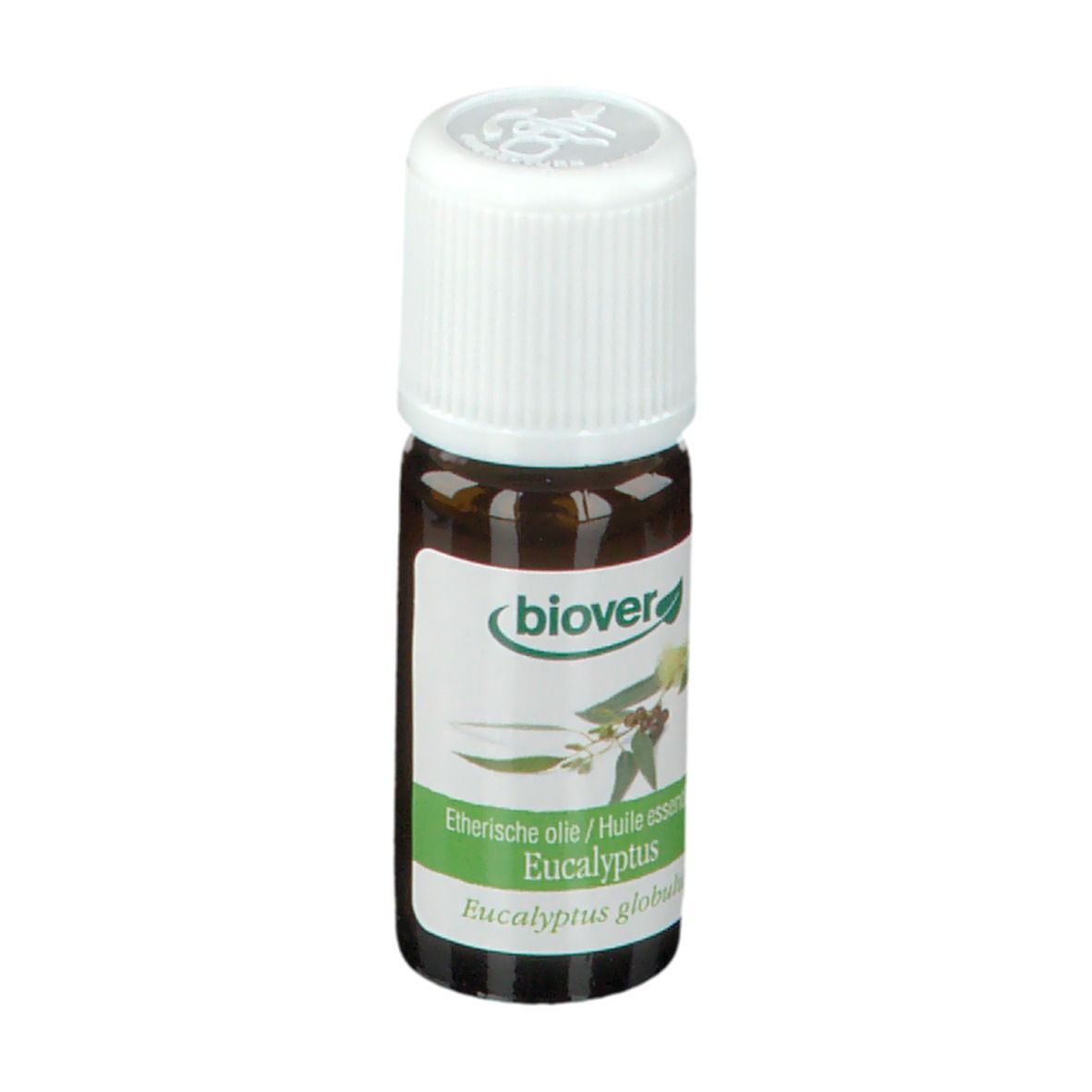 Flacon en verre brun avec bouchon blanc. Étiquette avec nom et logo du produit. Huile essentielle d'eucalyptus.