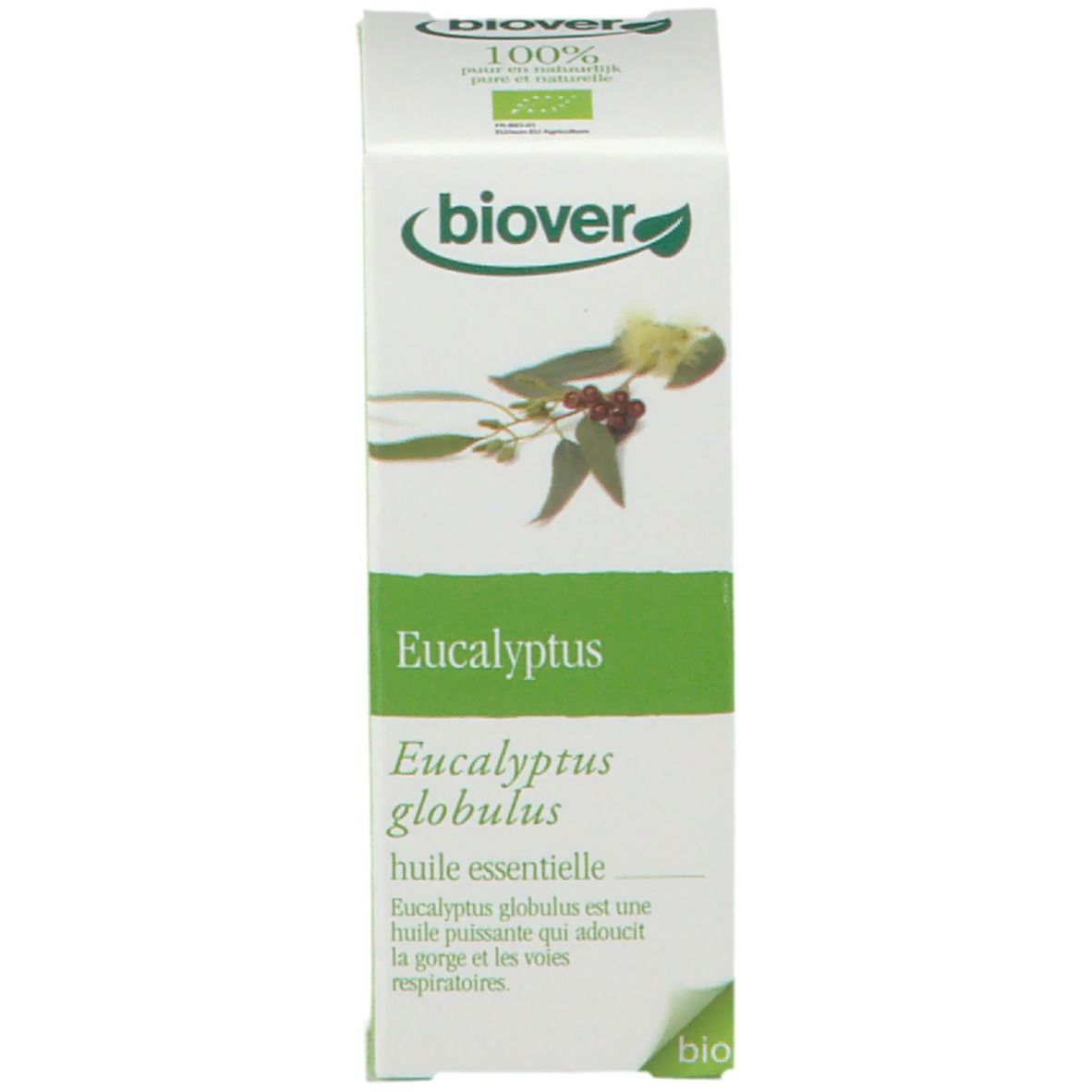 Emballage carton avec nom et logo du produit. Huile essentielle d'eucalyptus. Certification bio.