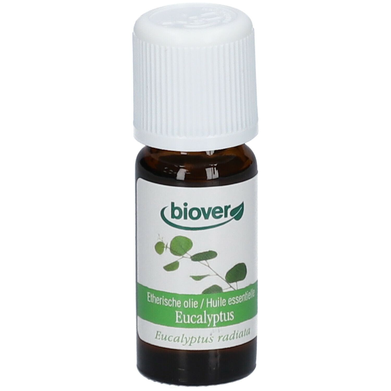 Flacon en verre brun avec bouchon blanc. Étiquette avec logo "Biover", "Eucalyptus" et "Huile essentielle".