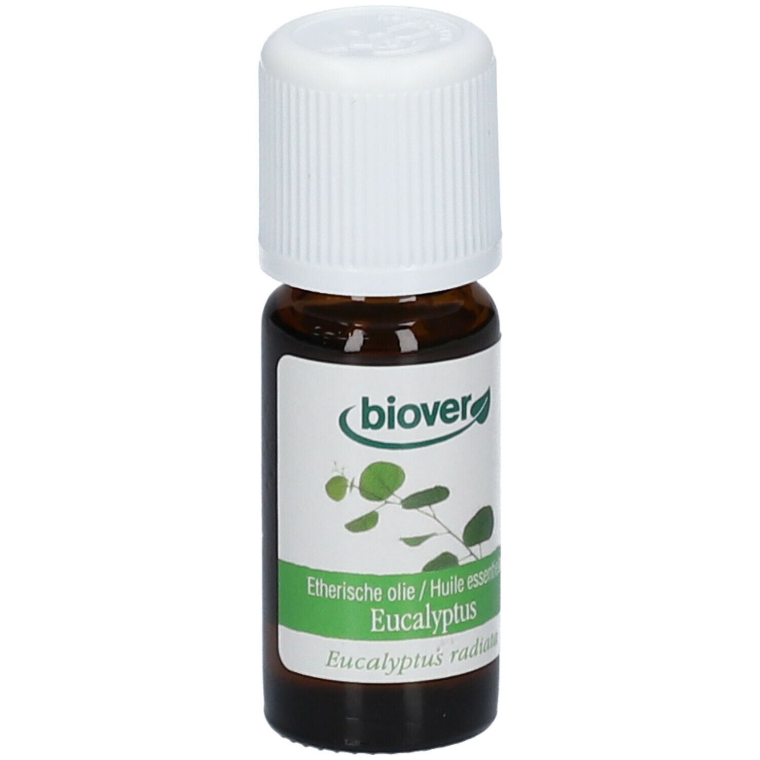 Flacon en verre brun avec bouchon blanc. Étiquette avec logo "Biover", "Eucalyptus" et "Huile essentielle".