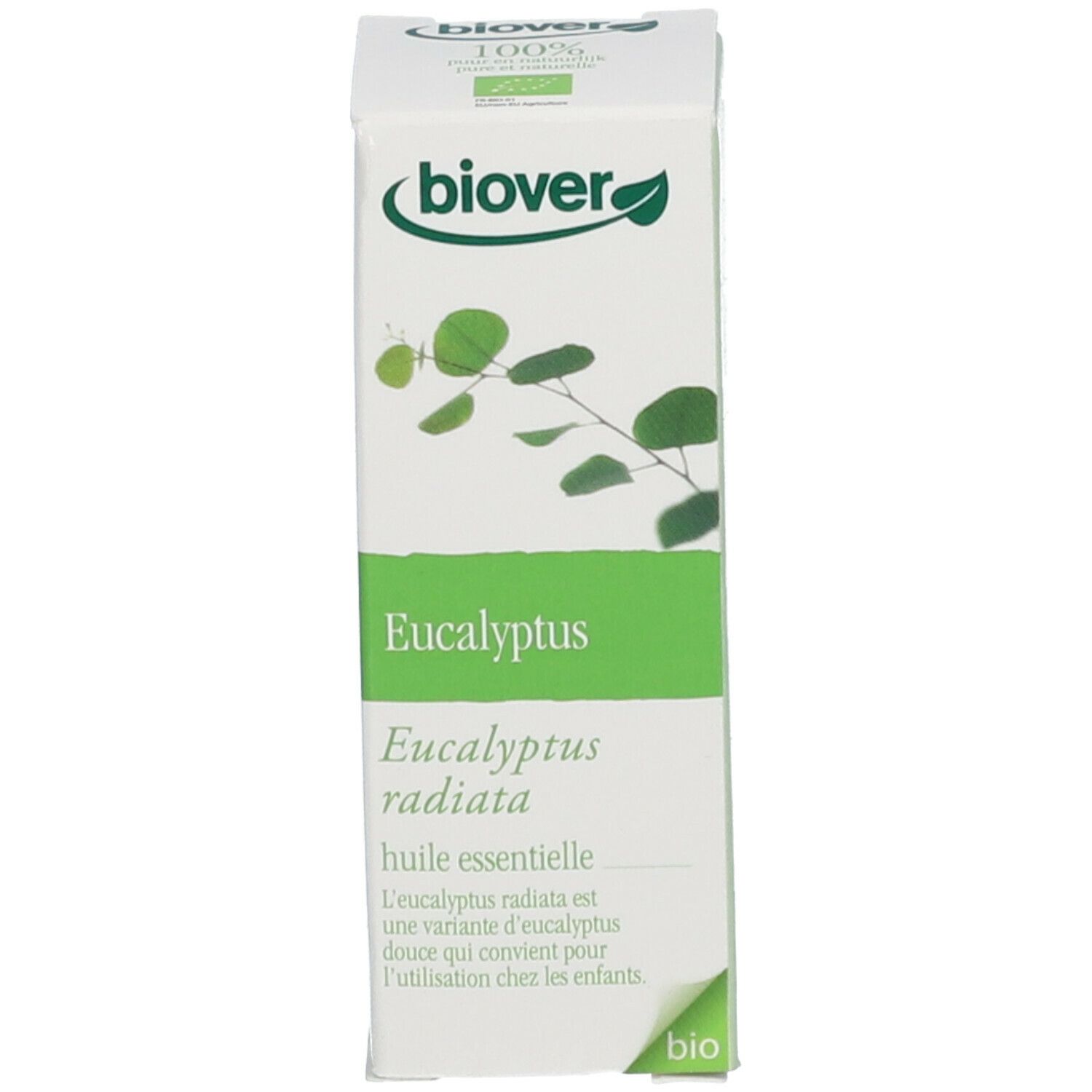 Emballage blanc et haut avec logo "Biover" et "Eucalyptus". Texte : "huile essentielle".