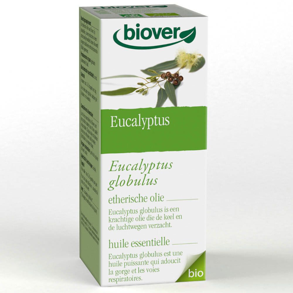 Boîte blanche et verte. Inscription: biover Eucalyptus globulus, huile essentielle. Label bio.