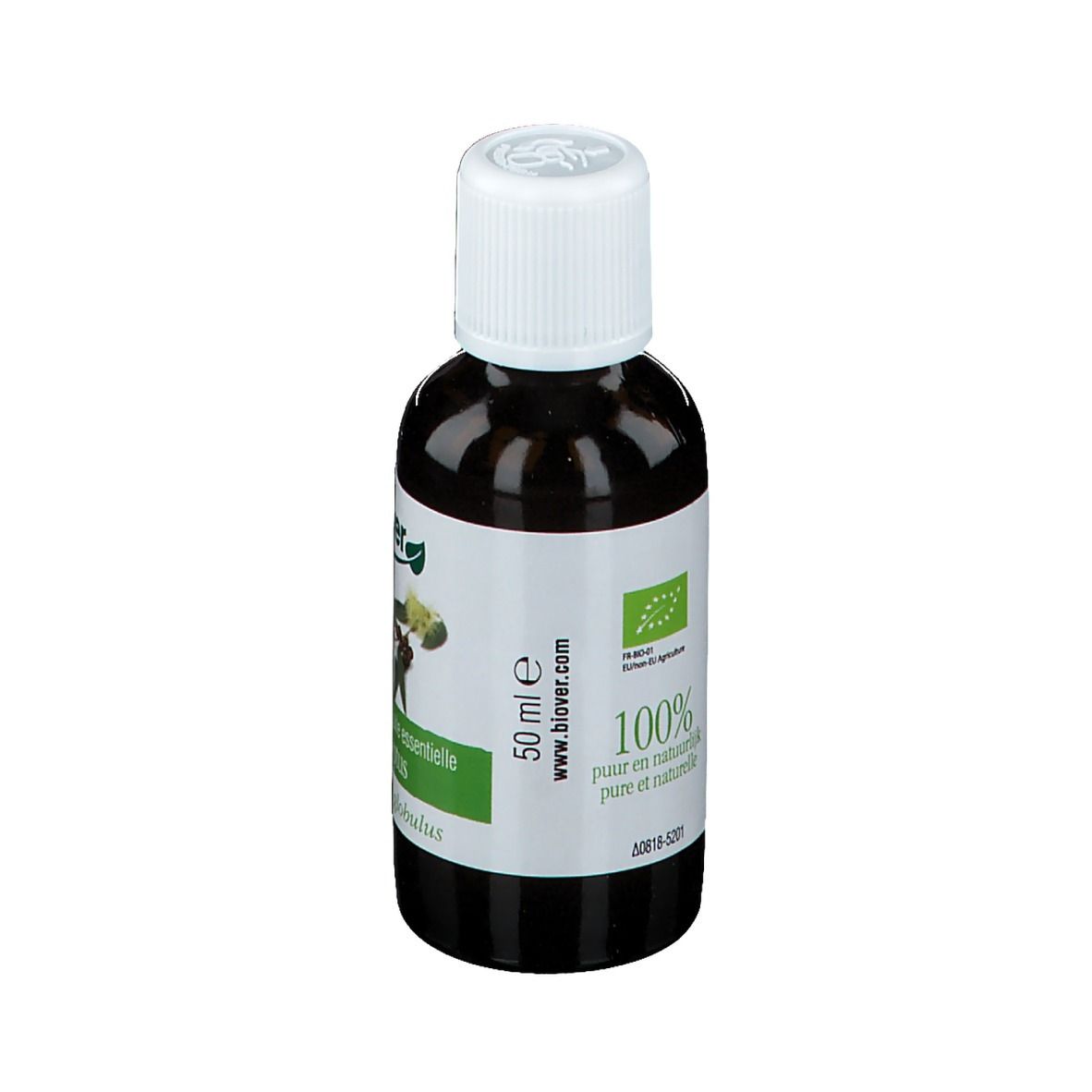 Flacon en verre brun avec bouchon blanc. Inscription: biover, Eucalyptus globulus, 50 ml, label bio.