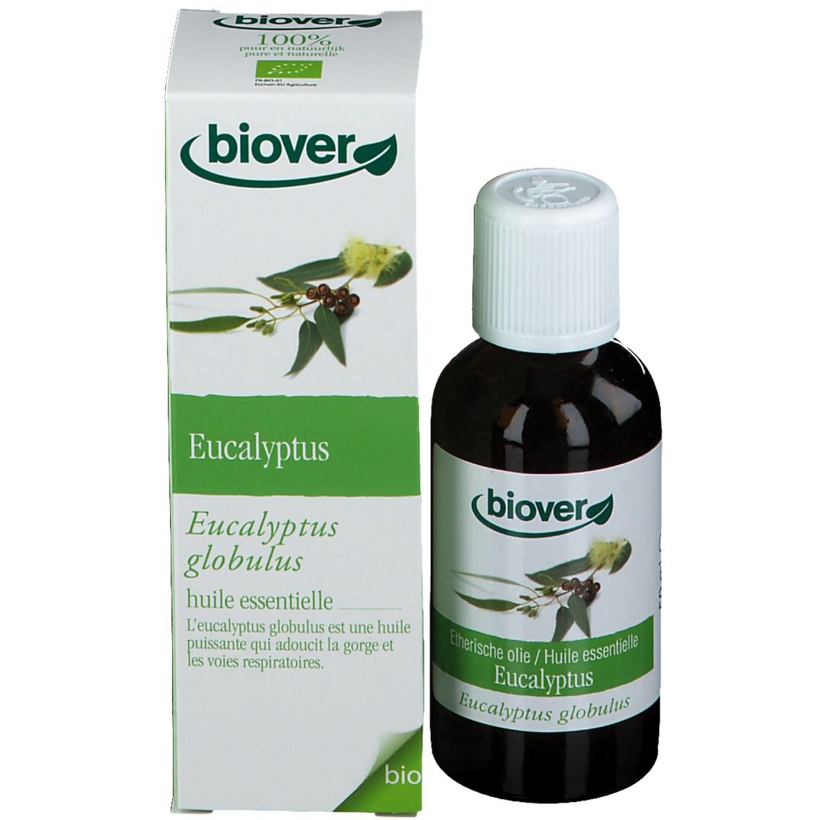 Produit et emballage. Flacon brun avec bouchon blanc à côté d'une boîte blanche. Inscription: biover, Eucalyptus globulus.