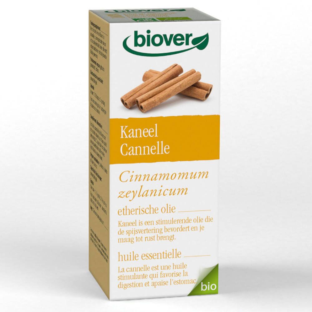 Biover-Verpackung mit Zimtstangen-Abbildung. Text: Kaneel/Cannelle, ätherische Öle, Bio-Siegel.