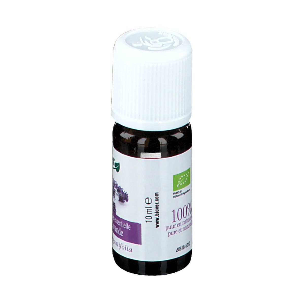 Flacon en verre brun avec bouchon blanc. Étiquette avec nom du produit et logo. Inscription : 10 ml, 100% pure et naturelle.