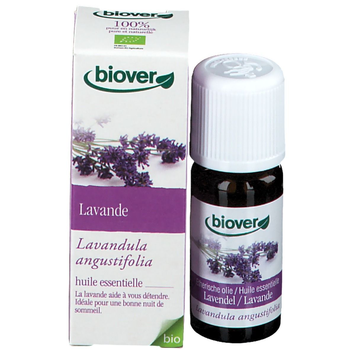 Flacon et emballage en carton. Inscription : Biover, Lavande, Lavandula angustifolia, huile essentielle. Label bio.