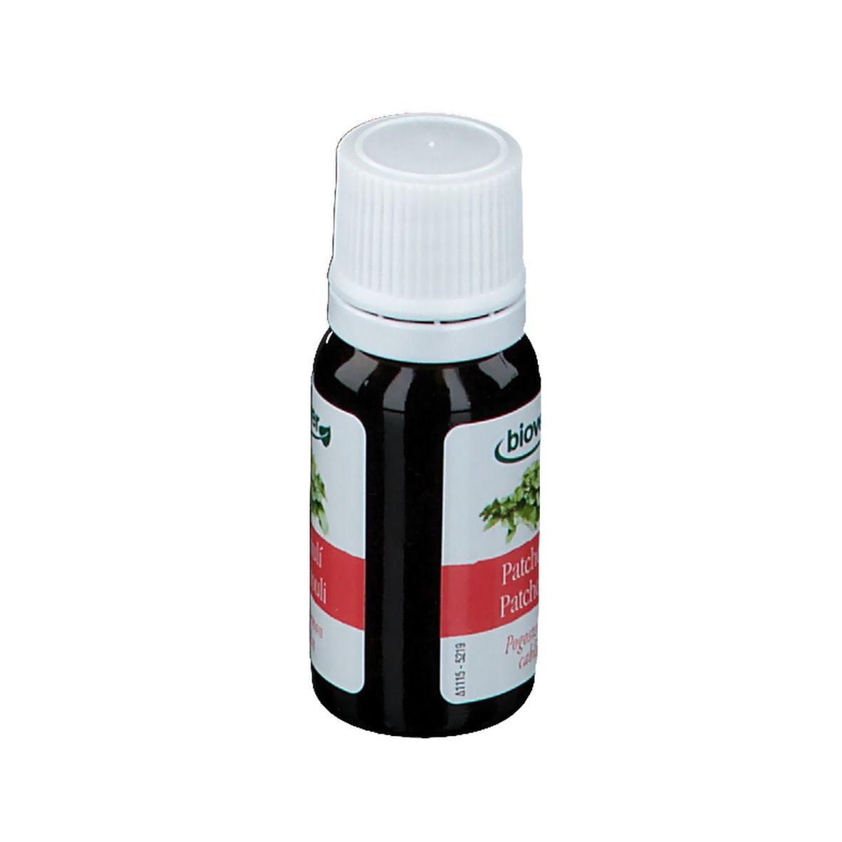 Braune Glasflasche mit weißem Deckel. Etikett mit Logo, Produktname und Inhaltsstoffen. Biover Patchouli Öl.