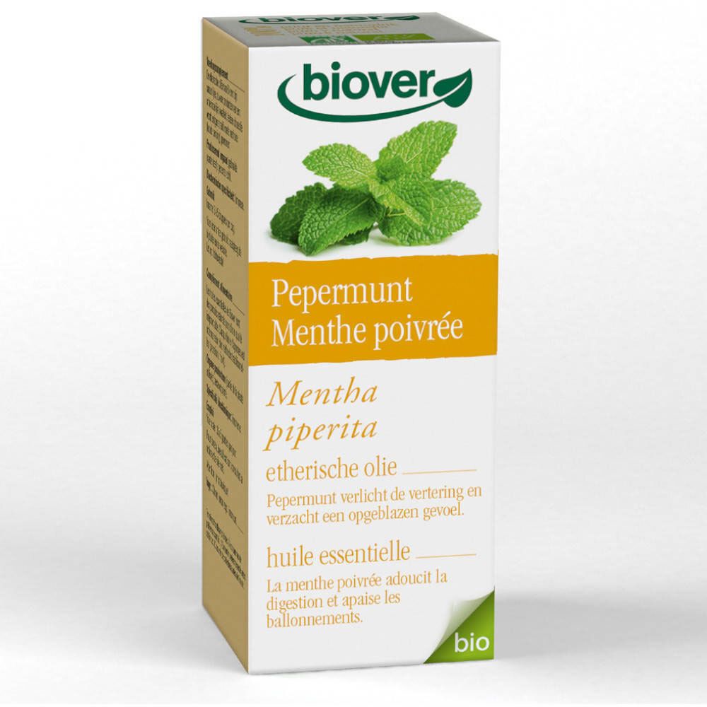 Boîte en carton avec logo Biover et image de menthe poivrée. Texte : Pepermunt, Menthe poivrée, Menta piperita, huile essentielle.