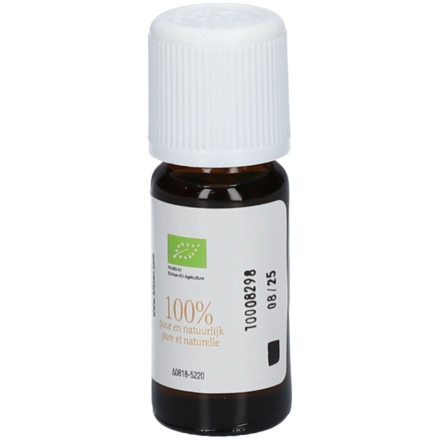 Flacon en verre brun avec bouchon blanc. Étiquette avec label bio et texte. Produit : huile essentielle de menthe poivrée.