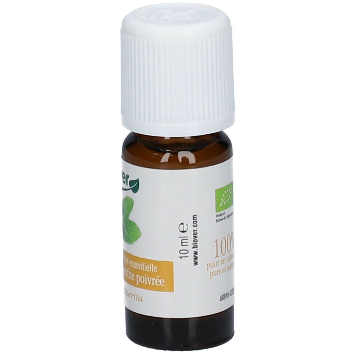 Flacon en verre brun avec bouchon blanc. Étiquette avec texte et 10 ml. Produit : huile essentielle de menthe poivrée.
