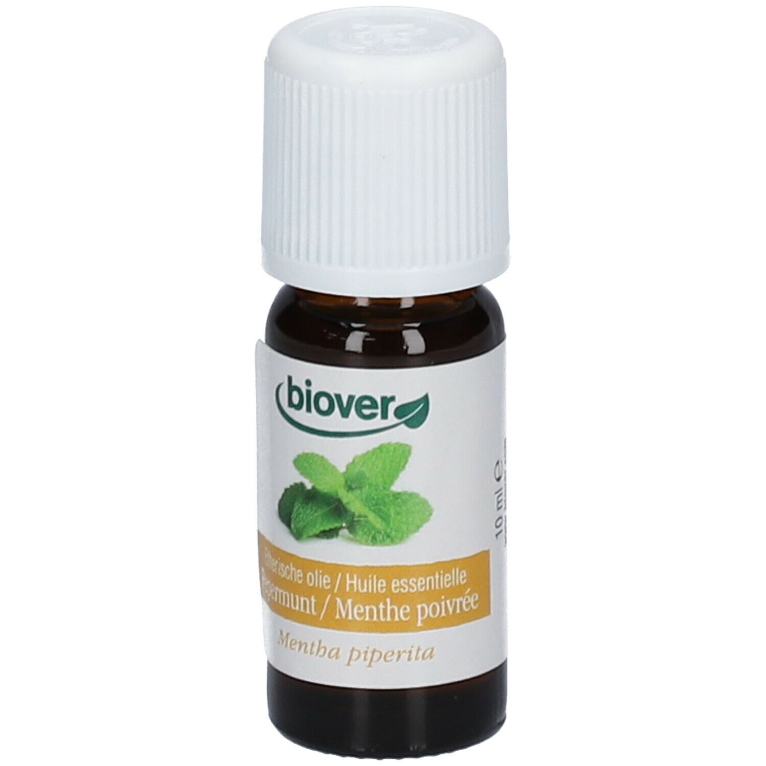Flacon en verre brun avec bouchon blanc. Étiquette avec logo Biover et image de menthe. Produit : huile essentielle de menthe poivrée.