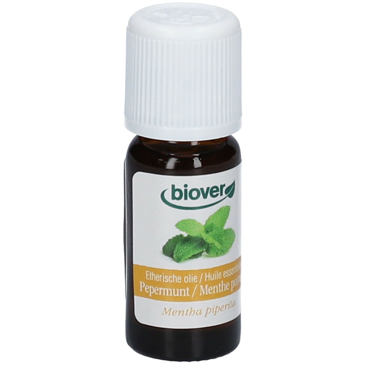 Flacon en verre brun avec bouchon blanc. Étiquette avec logo Biover et image de menthe. Produit : huile essentielle de menthe poivrée.
