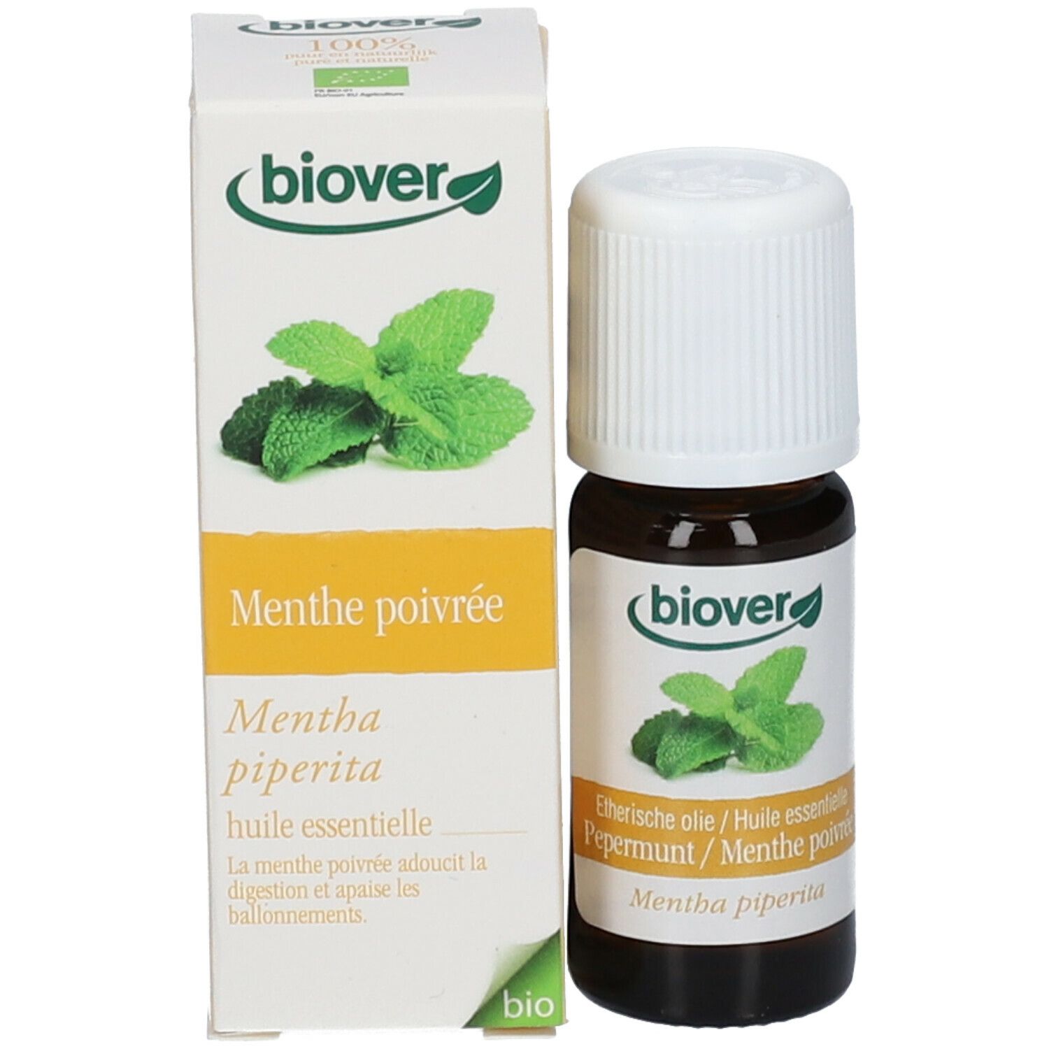 Flacon en verre brun et emballage en carton. Logo Biover et image de menthe. Produit : huile essentielle de menthe poivrée.