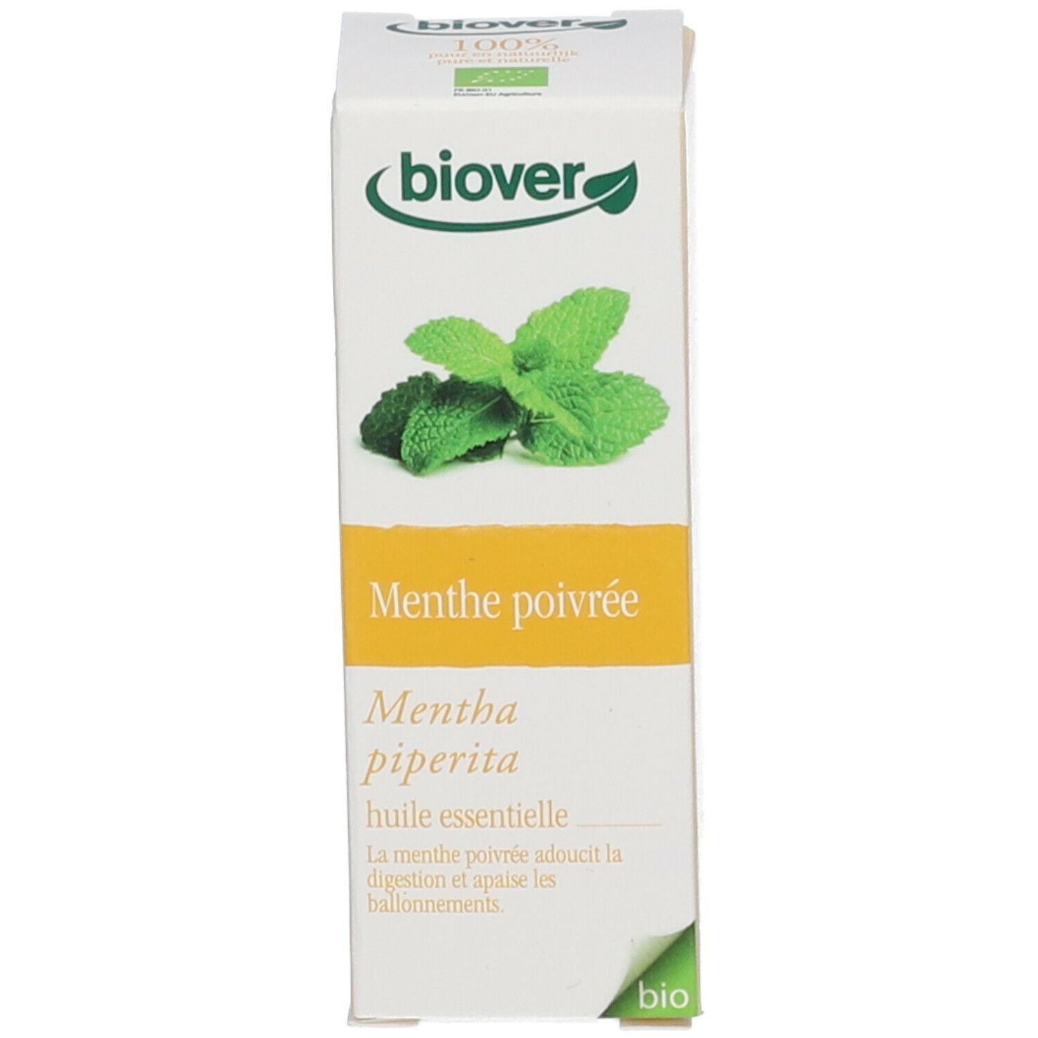 Emballage en carton avec logo Biover et image de menthe. Produit : huile essentielle de menthe poivrée.