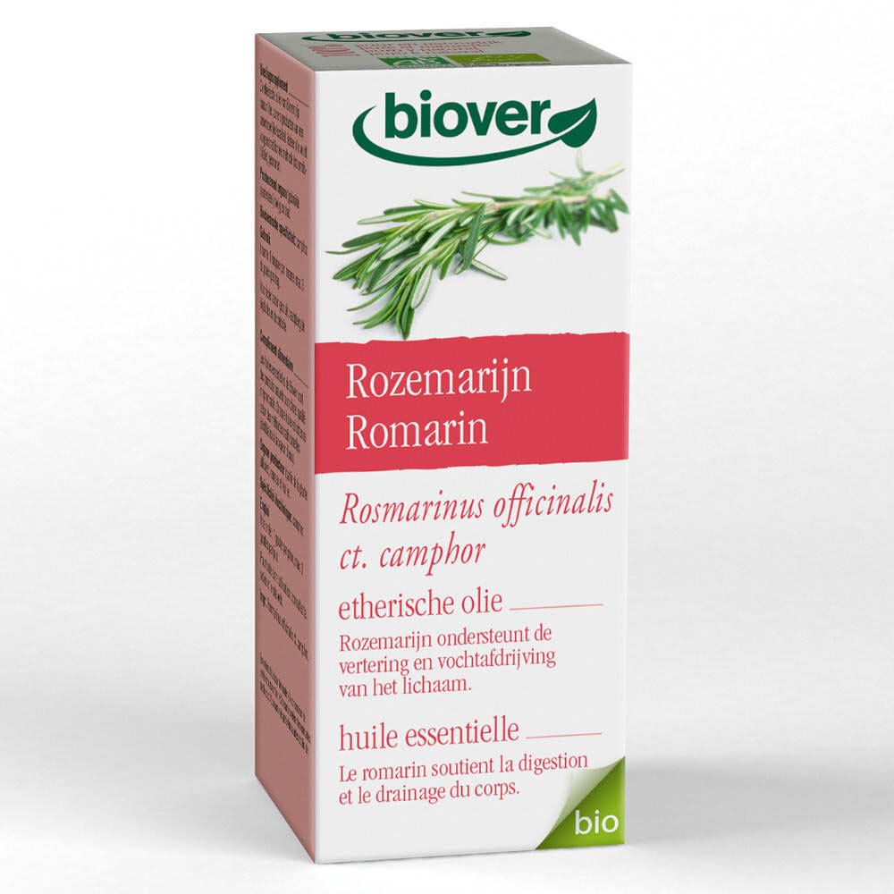 Boîte en carton avec informations produit et branche de romarin. Marque : biover. Texte : Huile essentielle de romarin.
