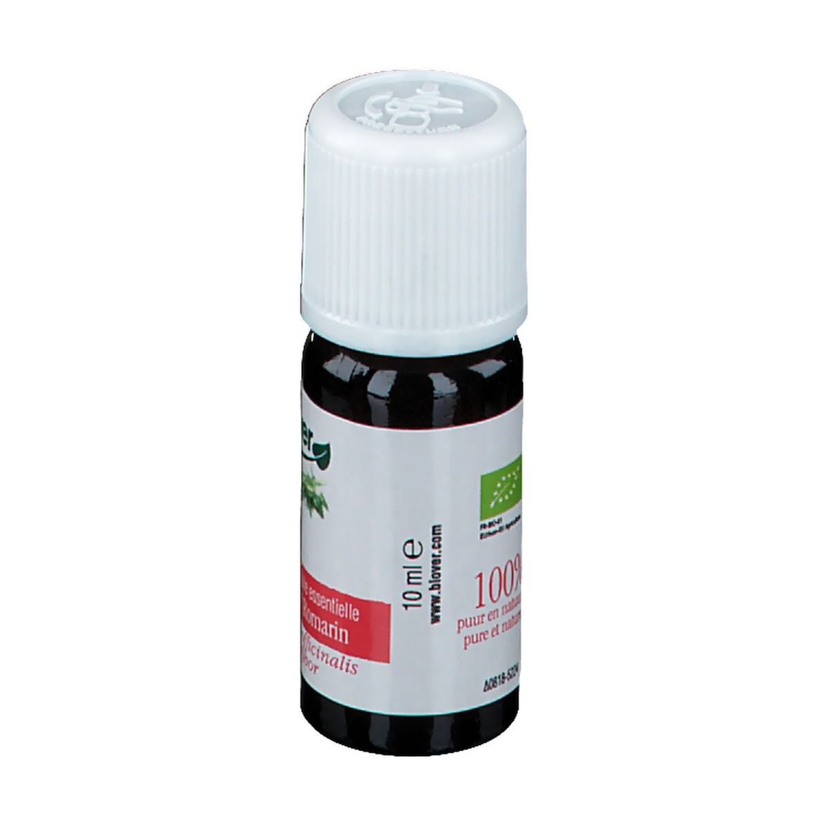Flacon en verre brun avec bouchon à vis blanc. Étiquette avec nom du produit, 10 ml et label bio. Marque : biover.