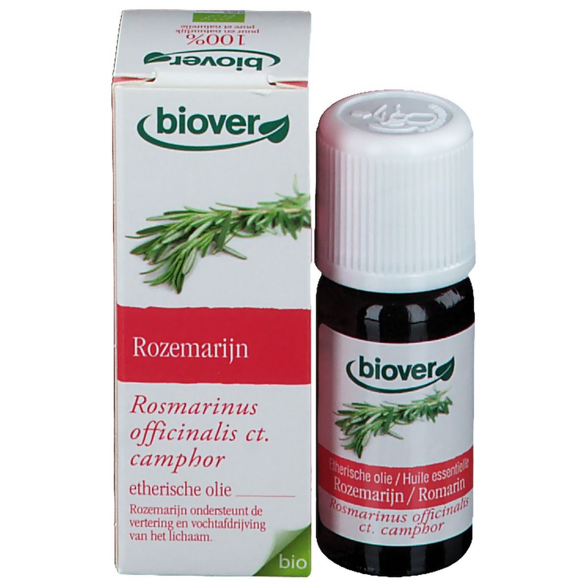 Flacon et emballage du produit côte à côte. Emballage avec informations et branche de romarin. Marque : biover.