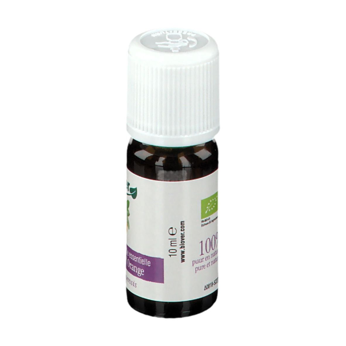 Flacon en verre brun avec bouchon blanc. Étiquette avec texte et logo. 10 ml.
