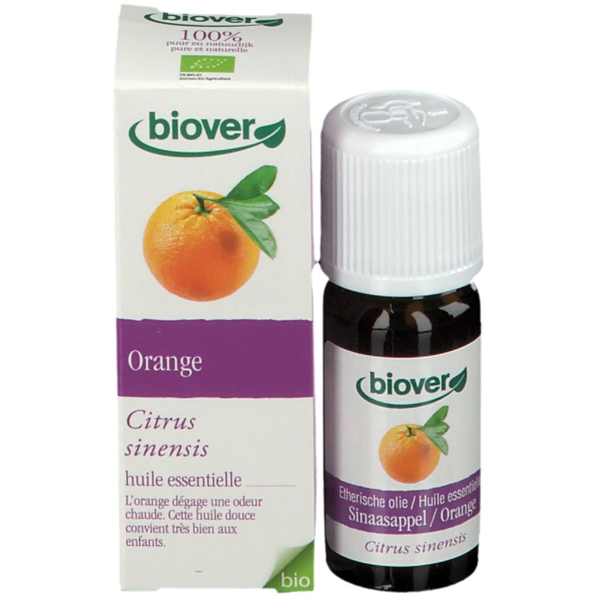 Flacon en verre brun et carton. Flacon avec étiquette et logo. Carton avec image d'orange.