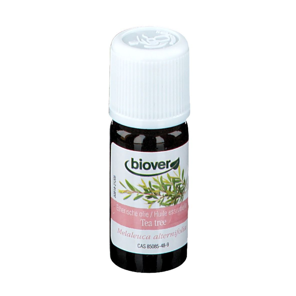 Flacon brun avec bouchon blanc. Étiquette 'biover' et 'Tea tree'.