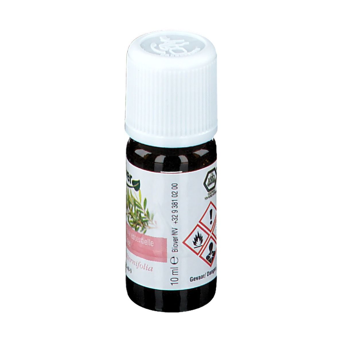 Flacon brun avec bouchon blanc. Étiquette 'biover', '10 ml' et symboles de danger.