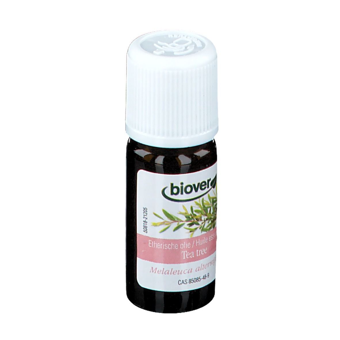 Flacon brun avec bouchon blanc. Étiquette 'biover' et 'Tea tree'.