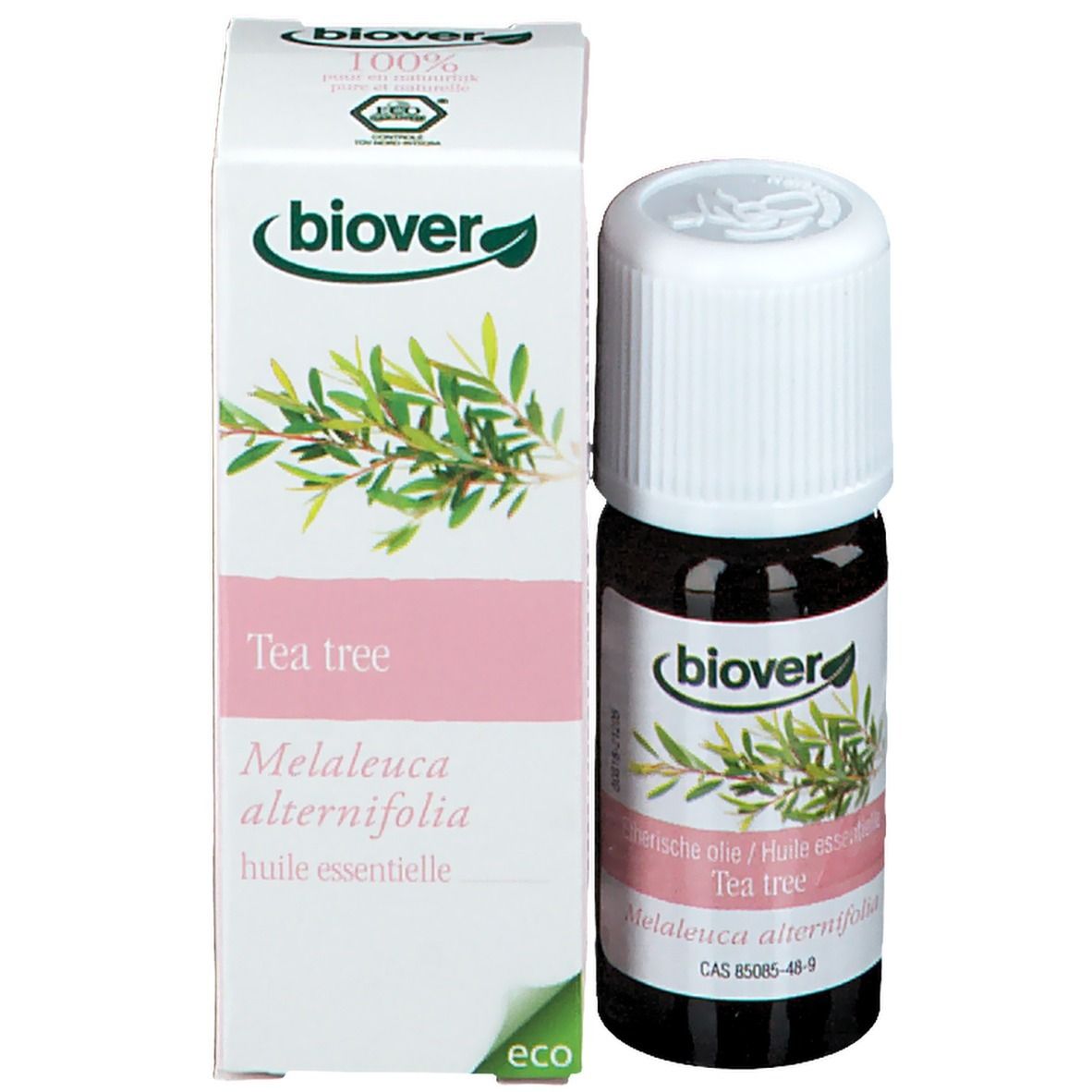 Flacon brun et bouchon blanc avec boîte. Boîte avec 'biover' et 'Tea tree'.