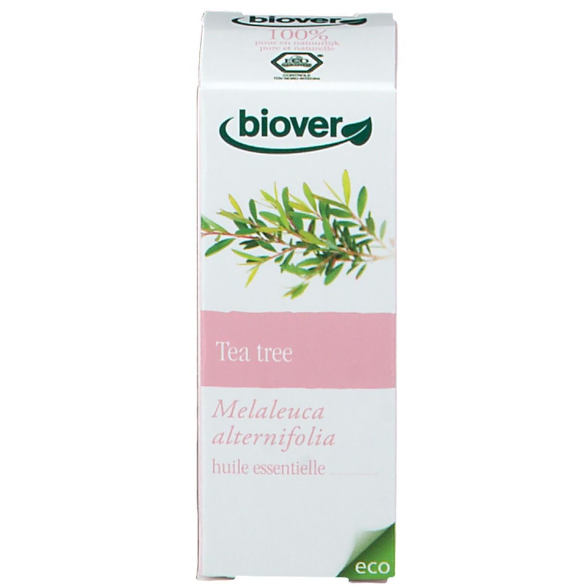 Boîte avec 'biover' et 'Tea tree'. Emballage vert et blanc avec bande rose.