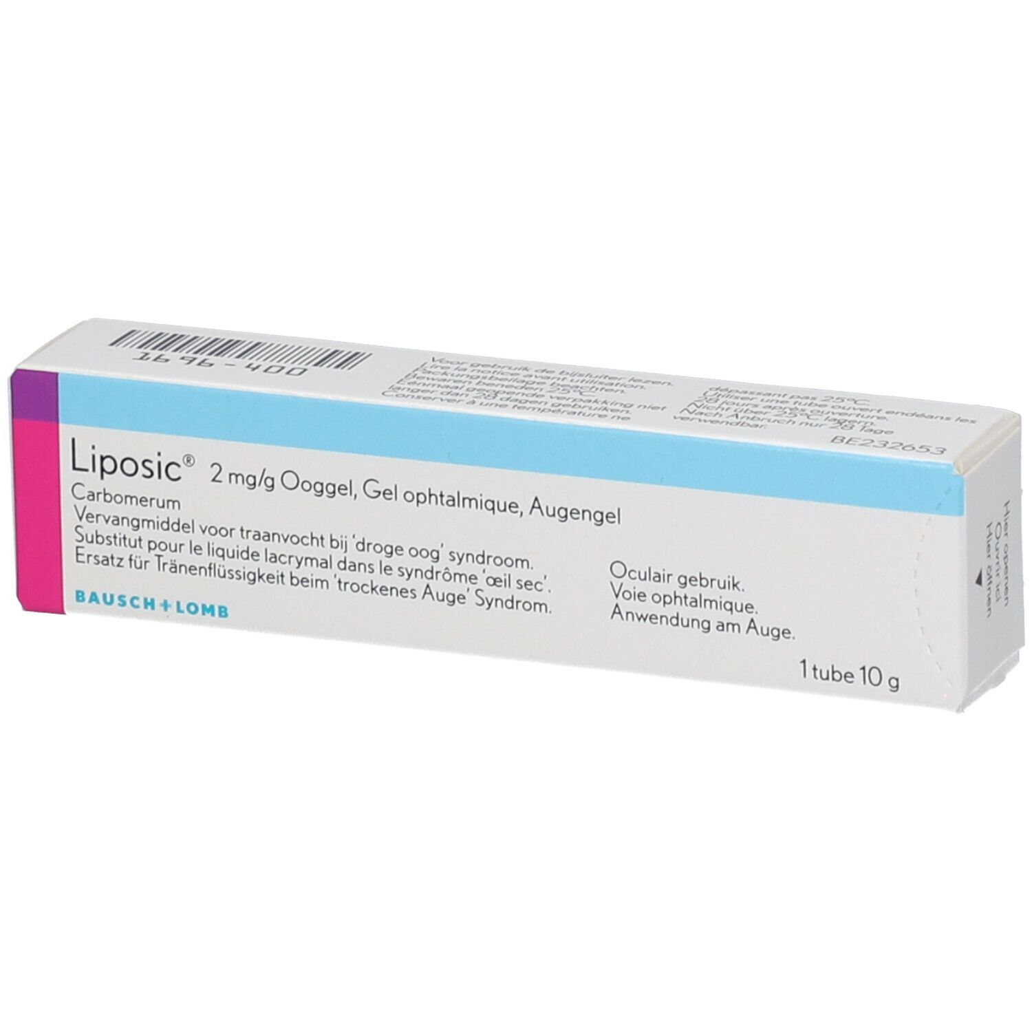 Verpakking van Liposic 2 mg/g ooggel. Meertalige informatie. Merk: Bausch + Lomb.