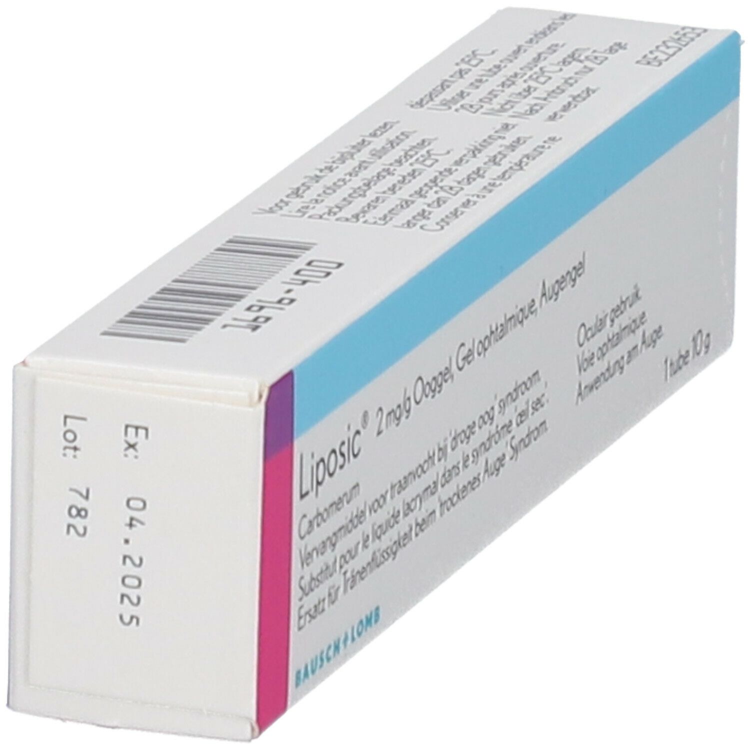 Schuine verpakking met informatie en vervaldatum. Merk: Bausch + Lomb.
