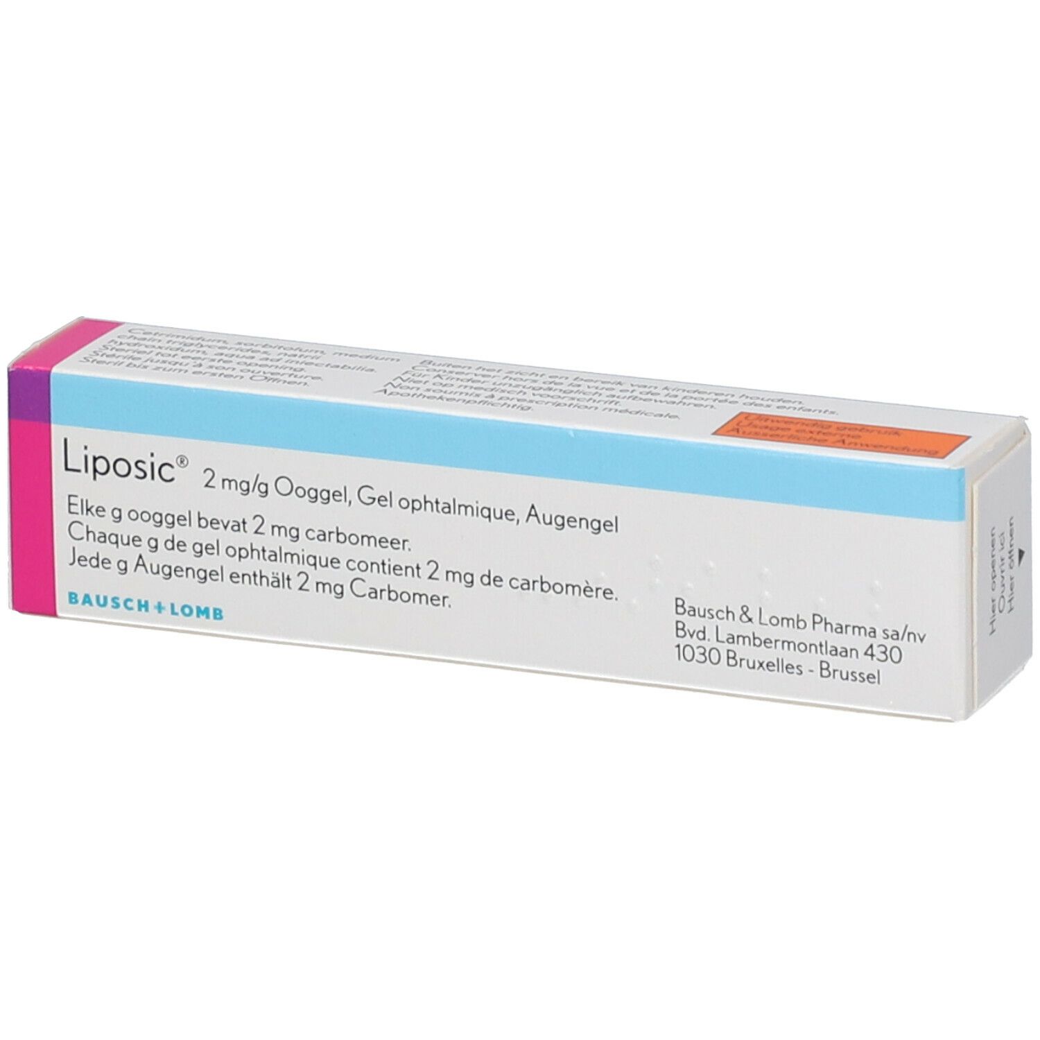Verpakking van Liposic 2 mg/g ooggel. Meertalige informatie. Merk: Bausch + Lomb.