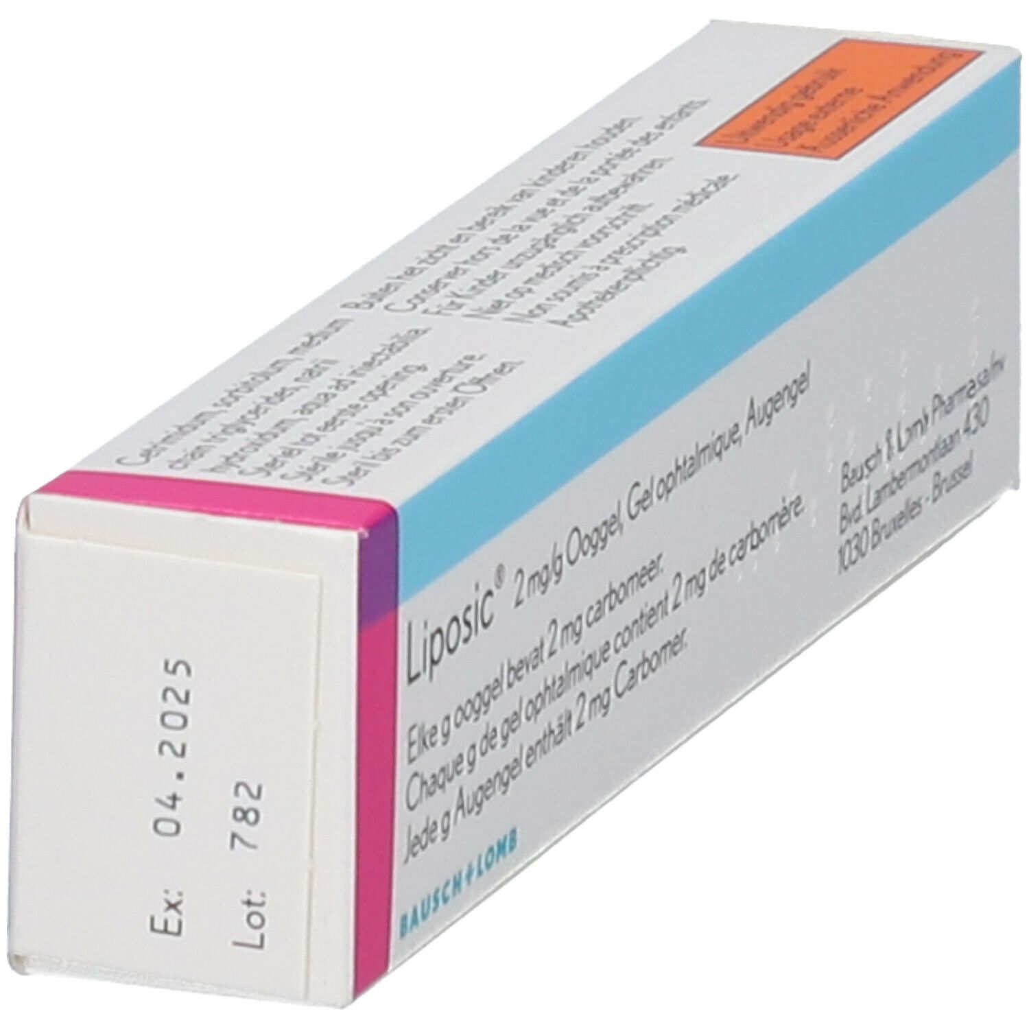 Schuine verpakking met productinformatie. Merk: Bausch + Lomb. Adres.