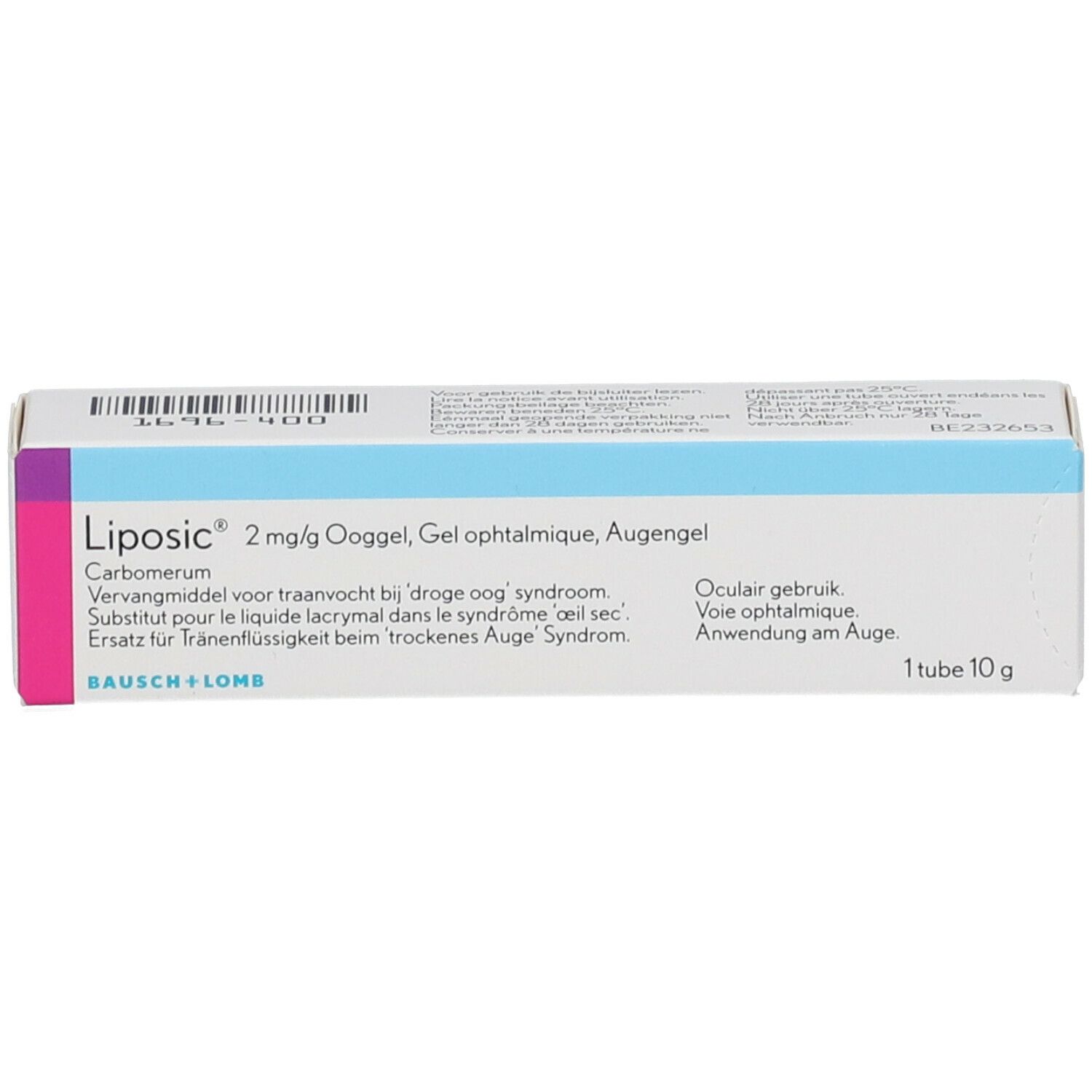 Verpakking van Liposic 2 mg/g ooggel. Meertalige informatie. Merk: Bausch + Lomb.