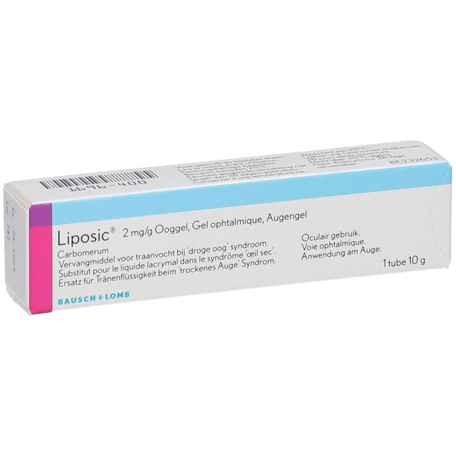 Verpakking van Liposic 2 mg/g ooggel. Meertalige informatie. Merk: Bausch + Lomb.