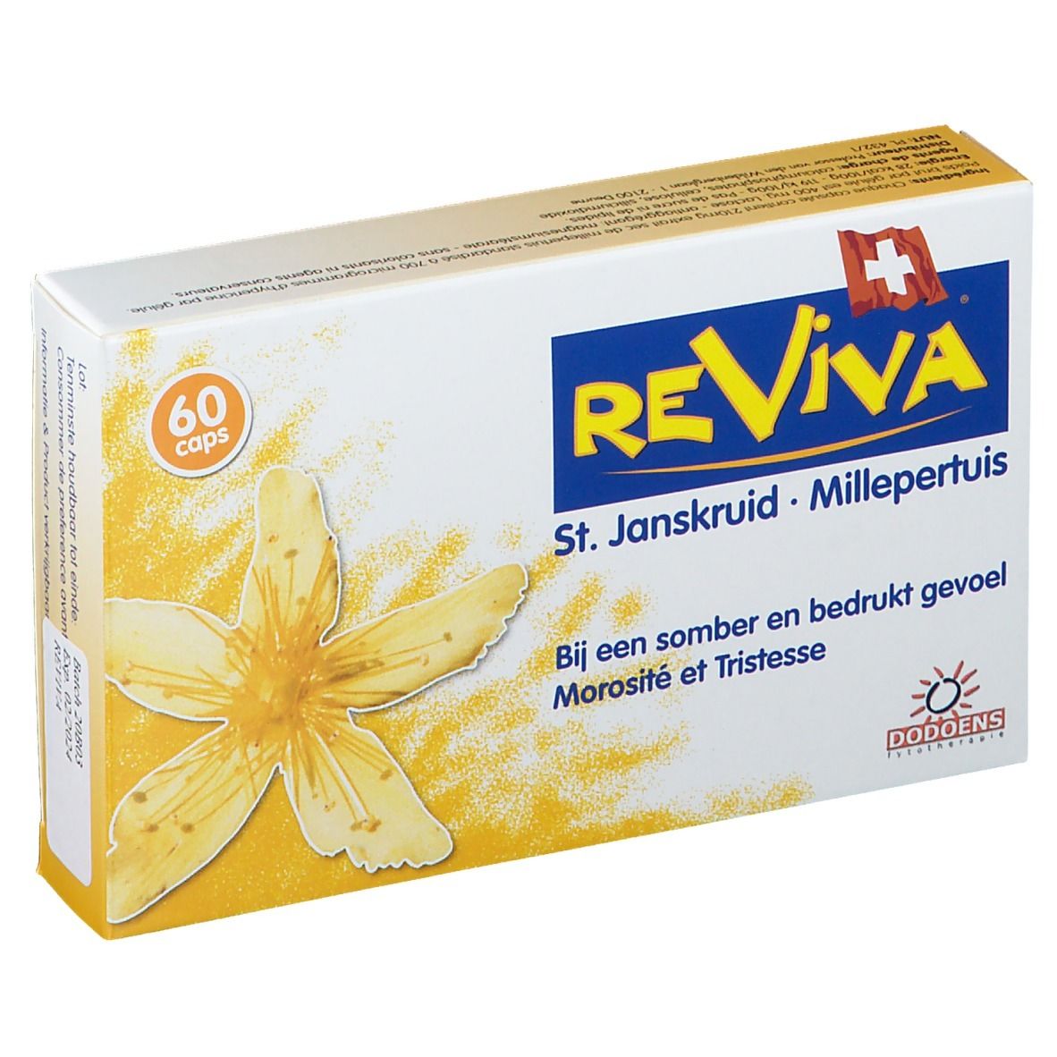 Doos "Reviva" met logo, Zwitsers kruis, 60 capsules. Gele bloem en tekst in het Nederlands en Frans.