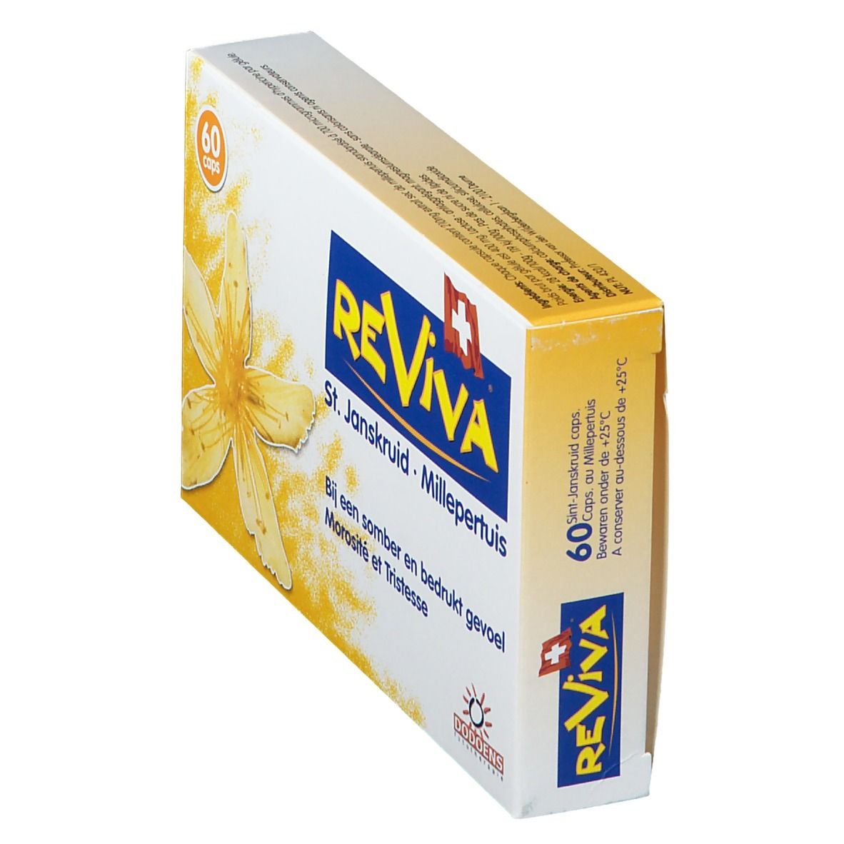 Doos "Reviva" met logo, Zwitsers kruis, 60 capsules. Gele bloem, tekst in het Nederlands en Frans.