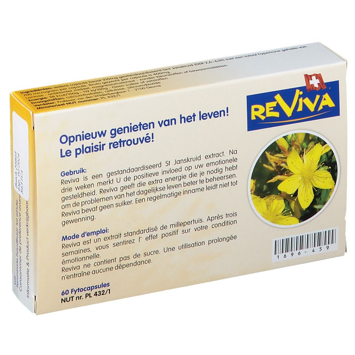 Achterkant van de doos "Reviva". Tekst in het Nederlands en Frans, gele bloem, 60 capsules.
