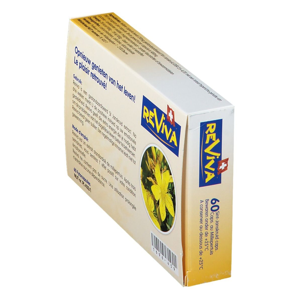 Zijaanzicht van de doos "Reviva". Logo, Zwitsers kruis, tekst in het Nederlands, 60 capsules.