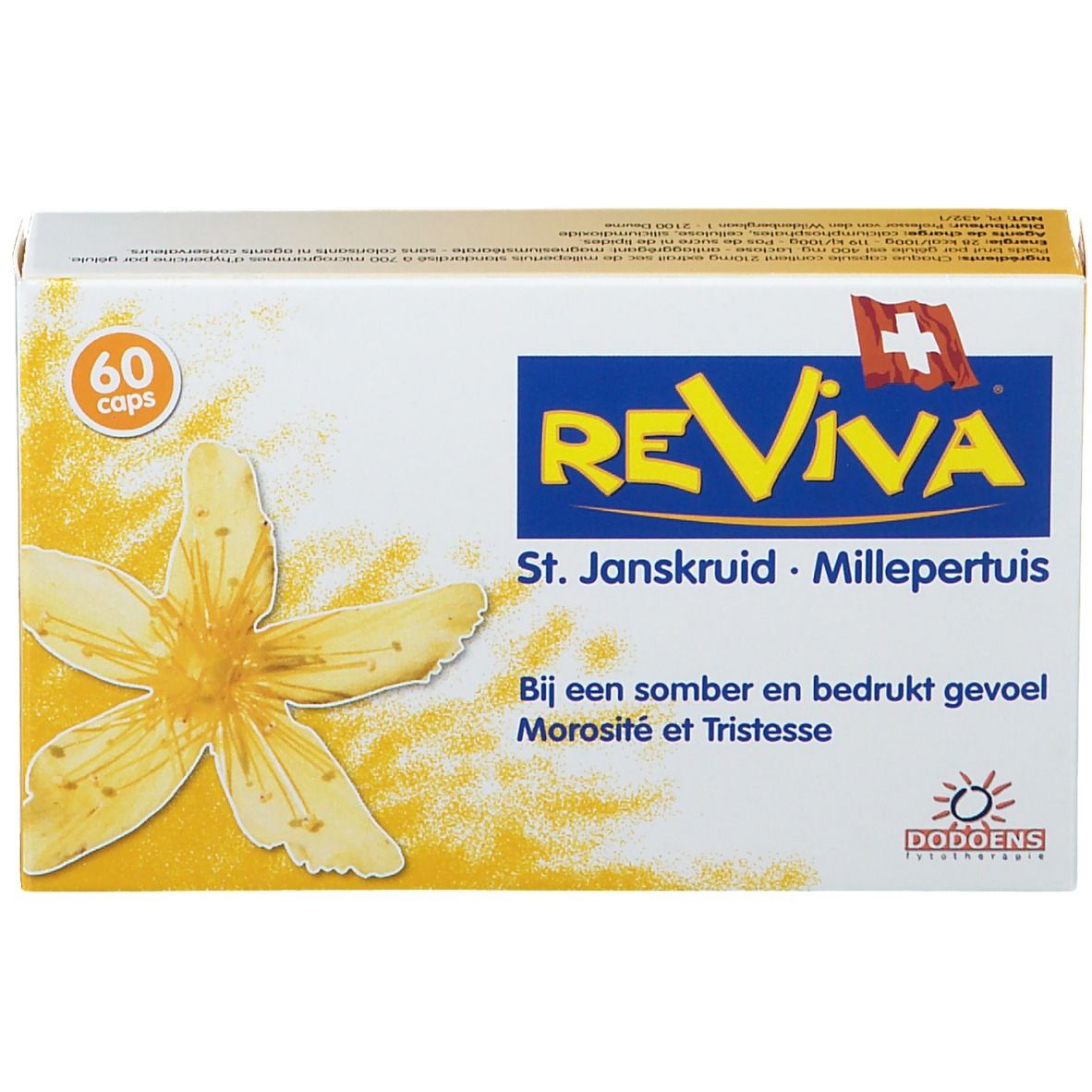 Doos "Reviva" met logo, Zwitsers kruis, 60 capsules. Gele bloem, tekst in het Nederlands en Frans.