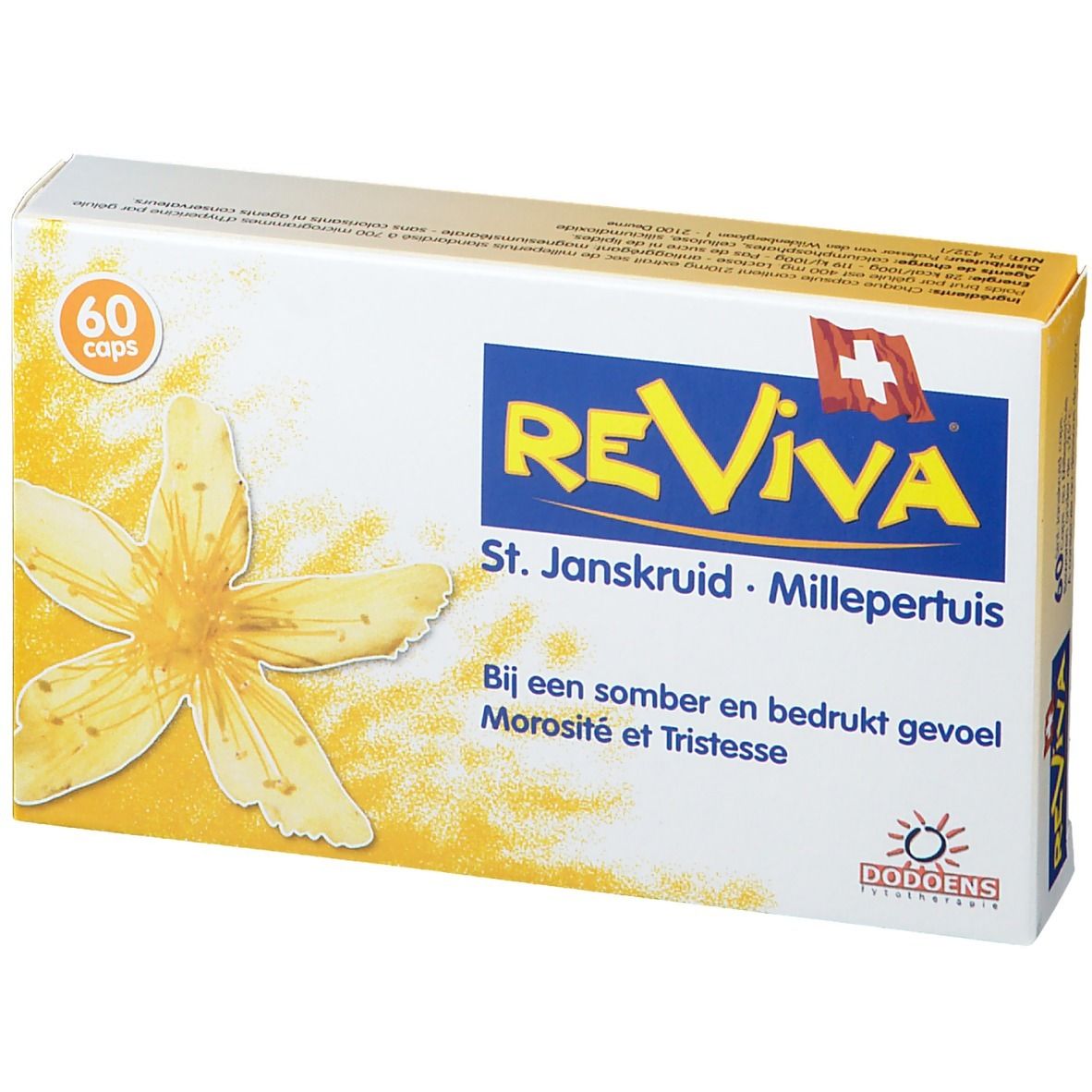 Doos "Reviva" met logo, Zwitsers kruis, 60 capsules. Gele bloem, tekst in het Nederlands en Frans.