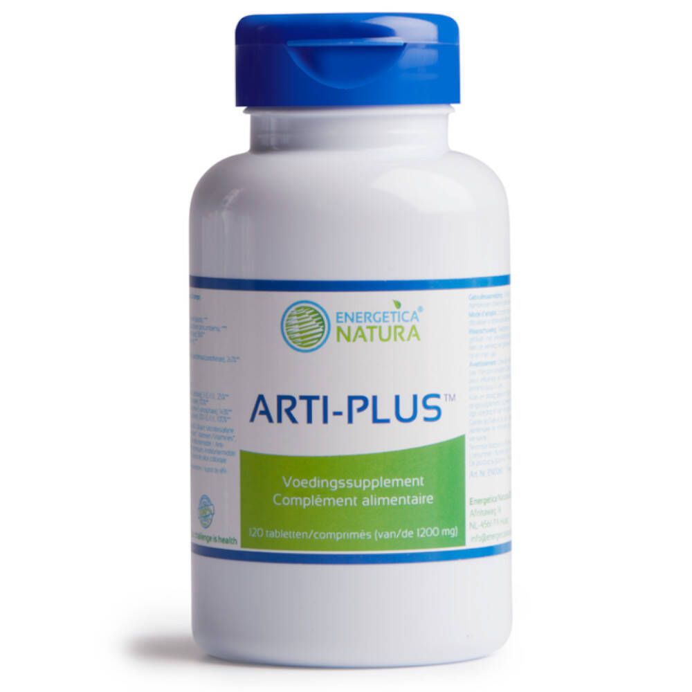 Witte fles met blauwe dop. Opschrift: Energetica Natura, Arti-Plus. 120 tabletten.