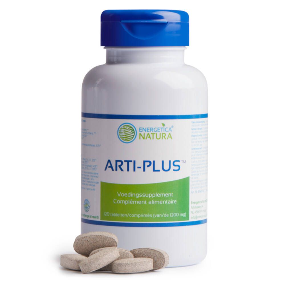 Witte fles met blauwe dop. Opschrift: Energetica Natura, Arti-Plus. Enkele tabletten ernaast.