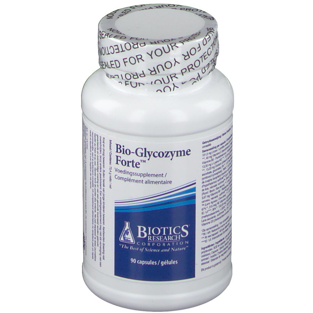 Flacon blanc "Bio-Glycozyme Forte" et "Biotics Research". 90 gélules. Bouchon scellé.