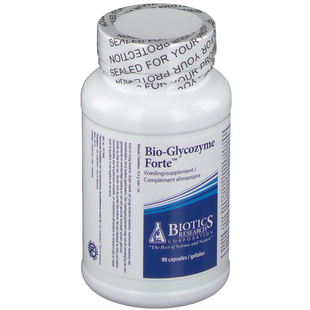 Flacon blanc "Bio-Glycozyme Forte" et "Biotics Research". 90 gélules. Sceau sur le bouchon.