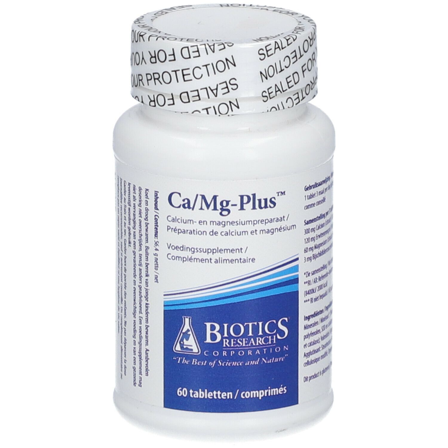 Flacon blanc Ca/Mg-Plus. Logo BIOTICS RESEARCH. 60 comprimés. Sceau.